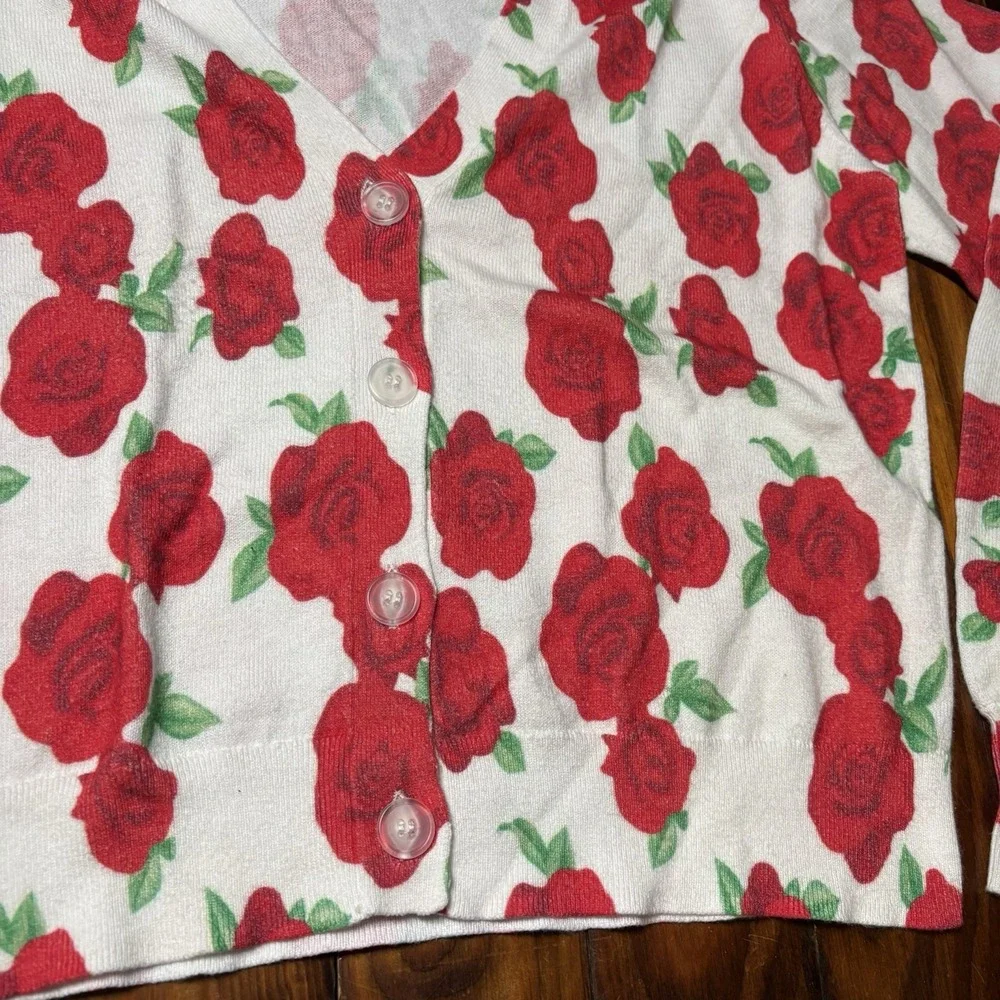 J. Society Rose Floral Cardigan Sweater Red White Cotton M A1387